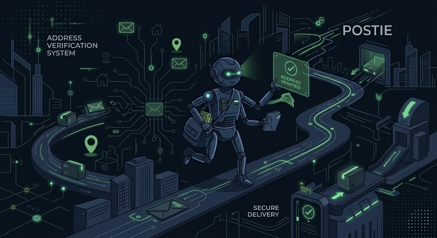 Postie's AI delivery robot verifying addresses across a futuristic UK postal network